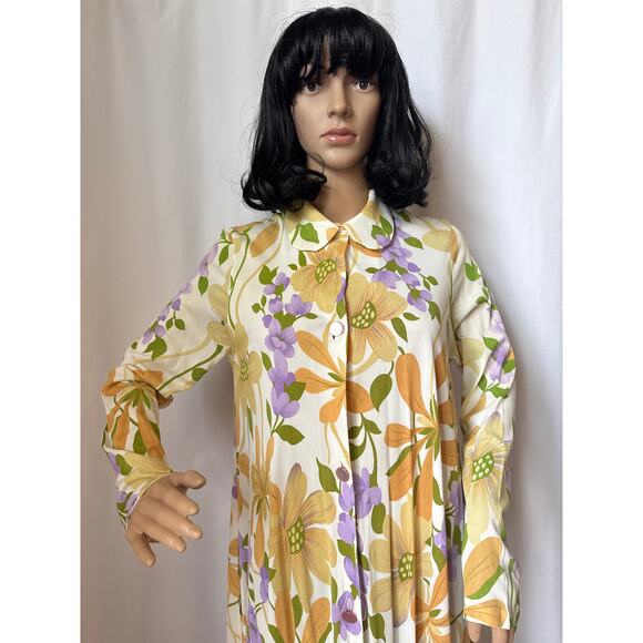 American Vintage unbranded 70's yellow Floral Maxi button down Dress medium - Picture 2 of 16